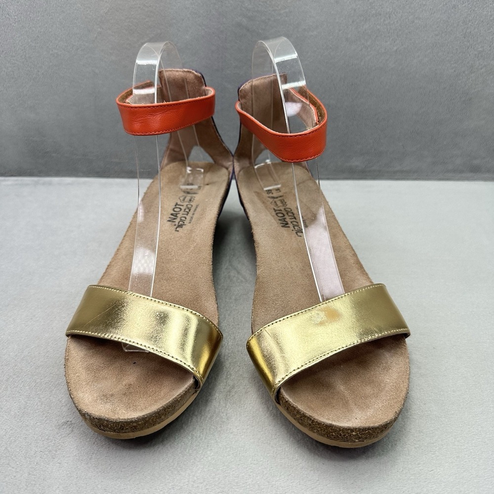 NAOT Pixie Womens Size 39 (US 8) Wedge Sandals Gold Orange Leather Ankle Strap - Picture 2 of 8